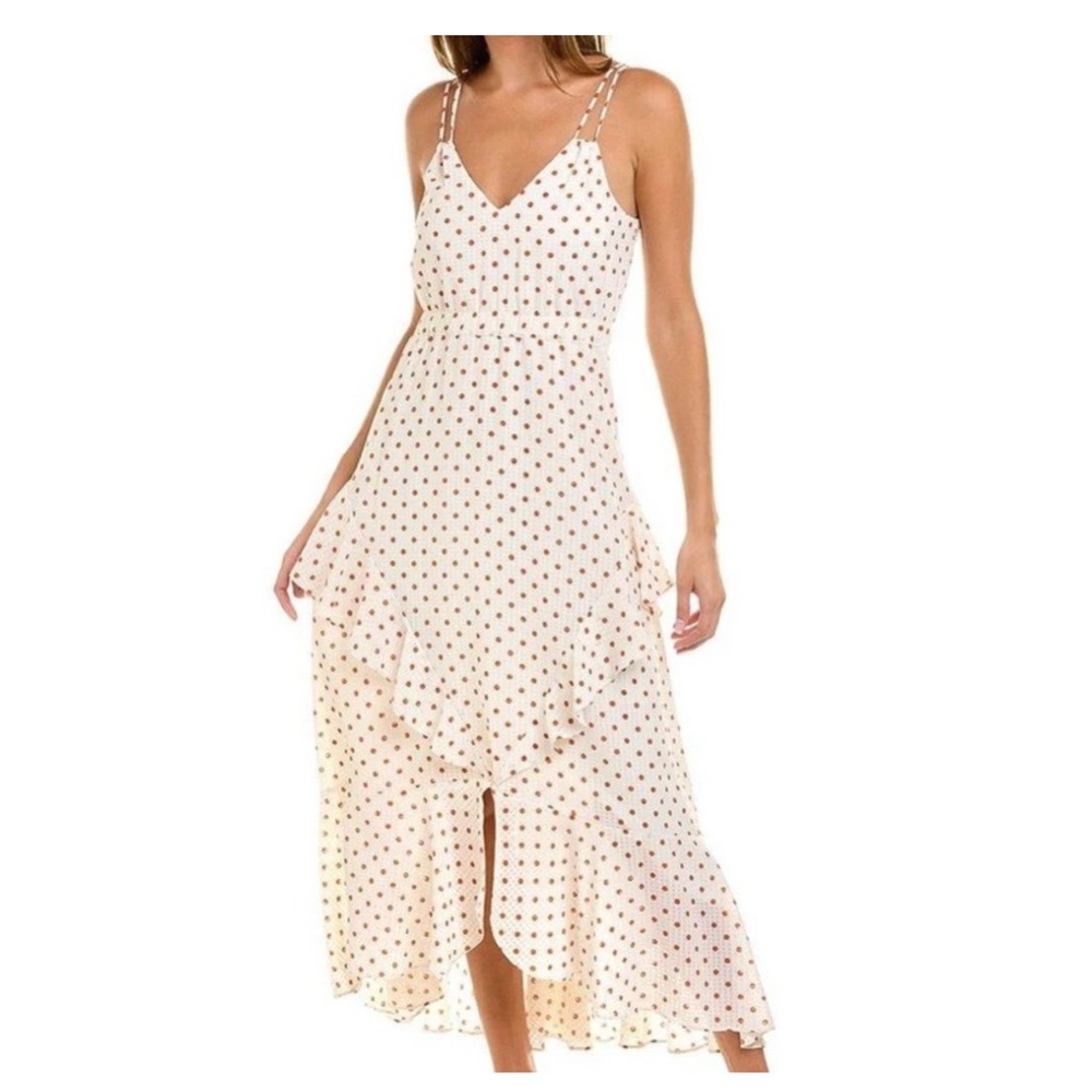 Maison Tara White Black Polka Dot Pleated Ruffled Chiffon Maxi Dress Sz 12 EUC